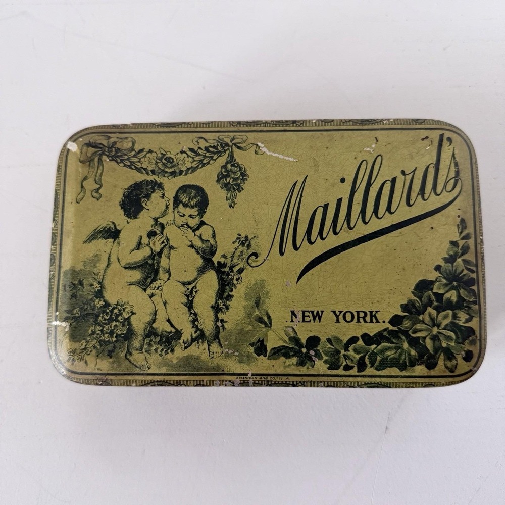 Antique Maillard New York Candy Tin American Can Co Litho Cherubs Hinged Box